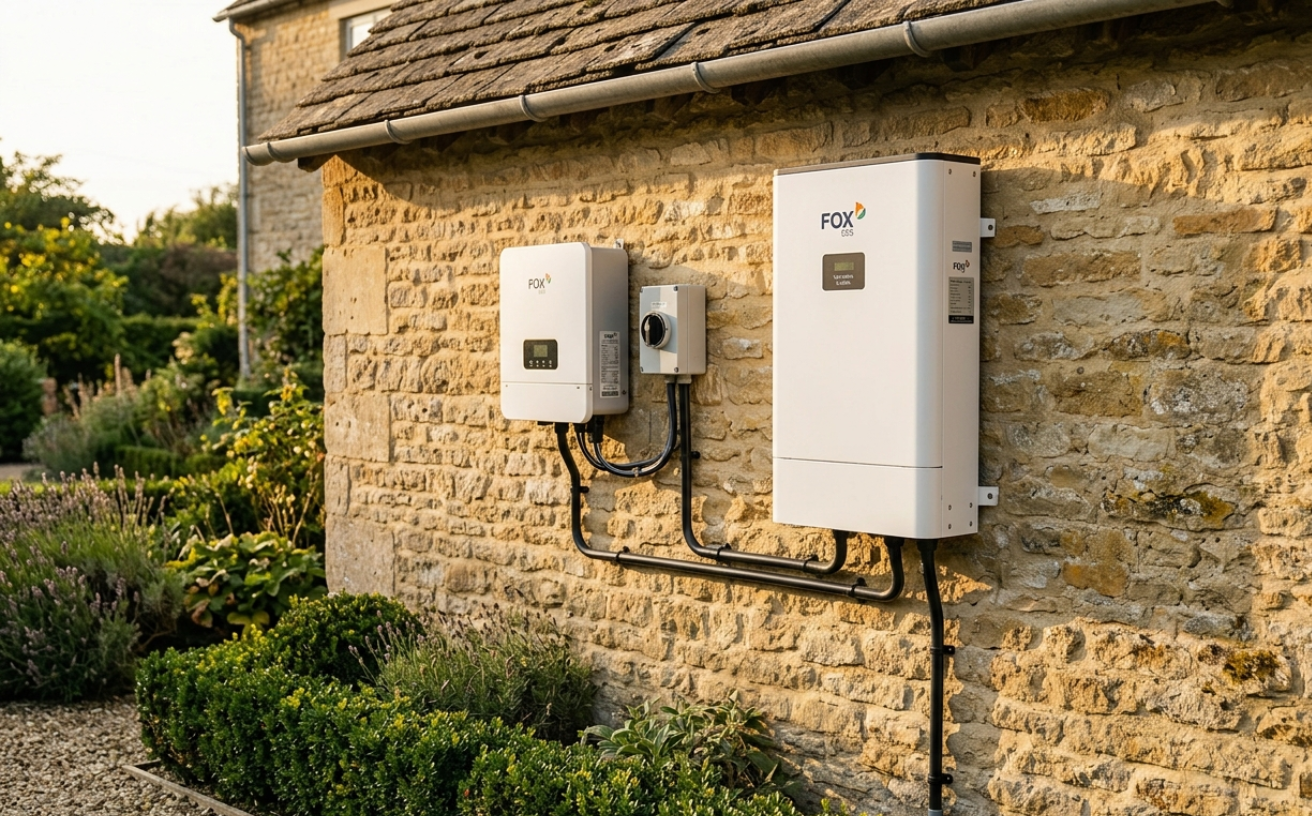 Fox ESS home battery installed on a Cotswold stone wall