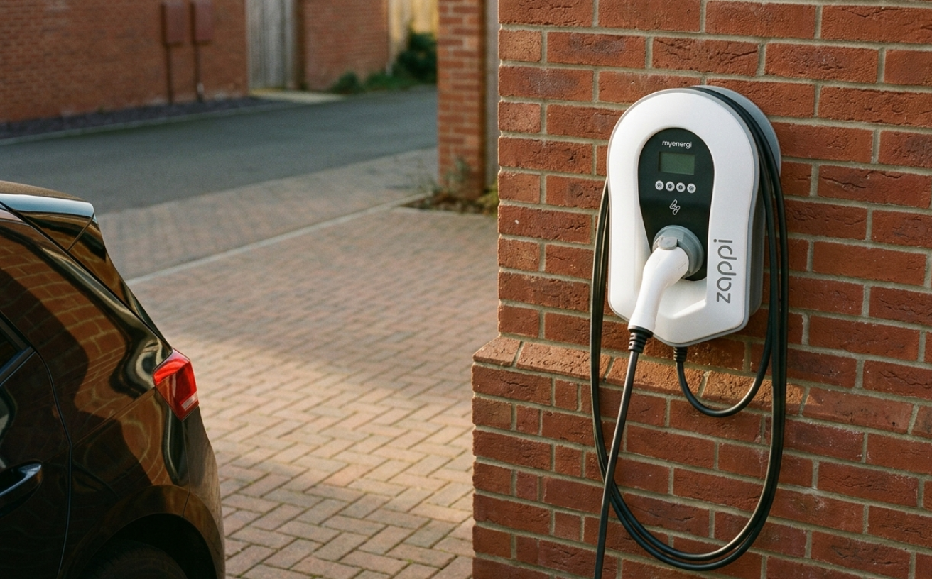 Zappi EV charger mounted on a brick wall at a UK home