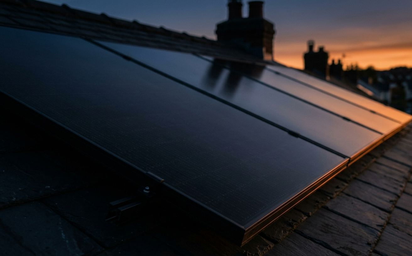Aiko all-black solar panels on a UK roof at dusk