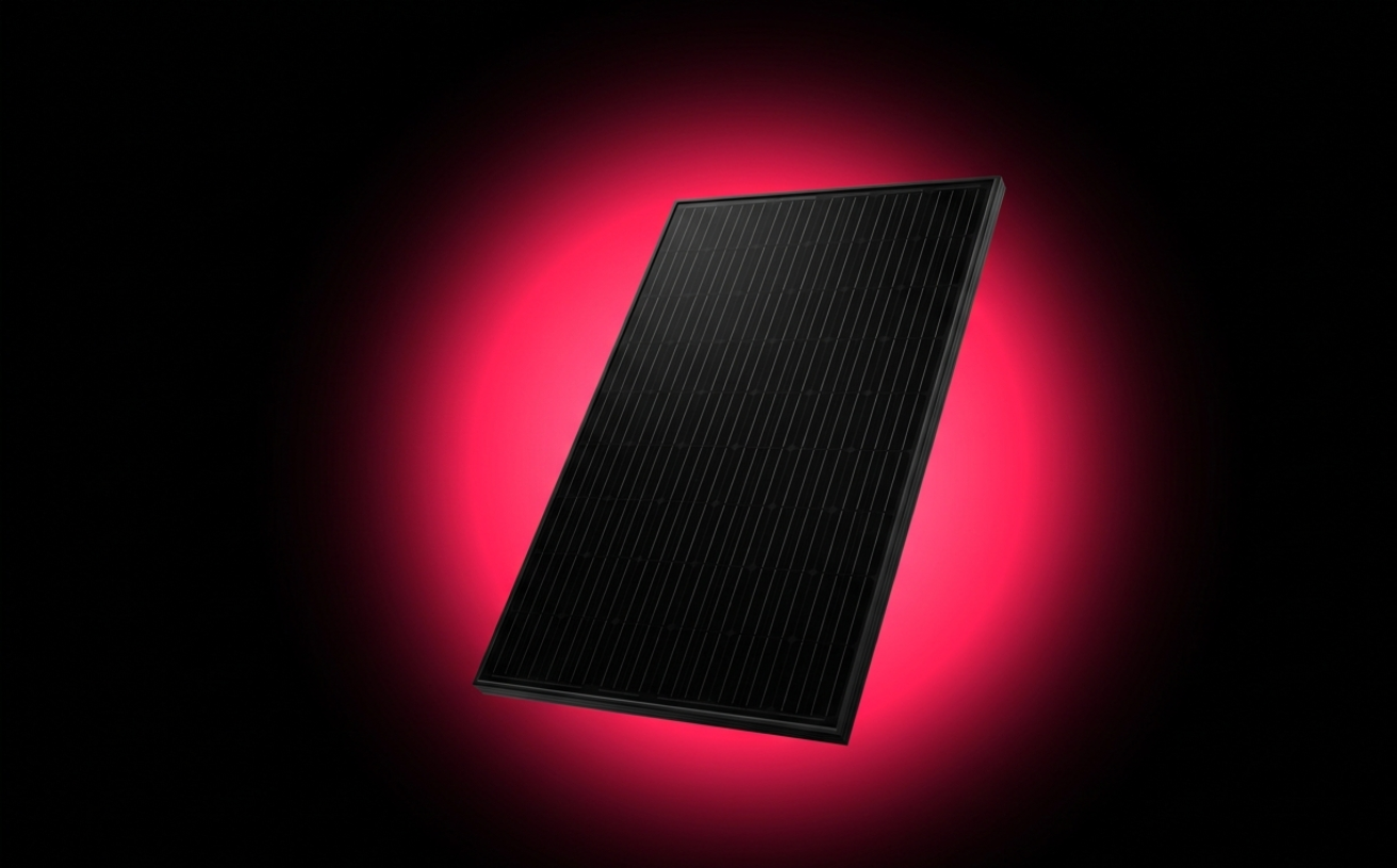 AIKO all-black monocrystalline solar panel, front and back view